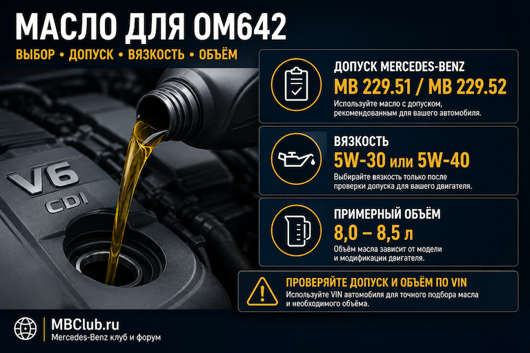 Масло для двигателя Mercedes-Benz OM642 — допуски MB 229.51 и 229.52, вязкость и объём